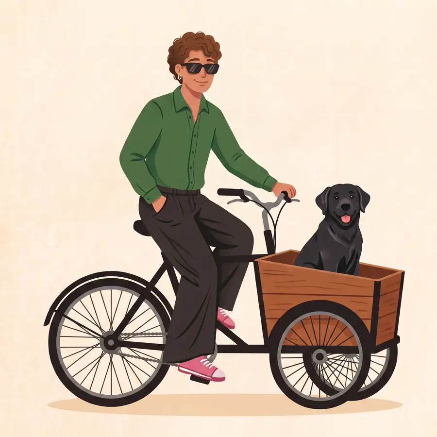 Illustration d'un dog-sitter sur vélo cargo avec son chien